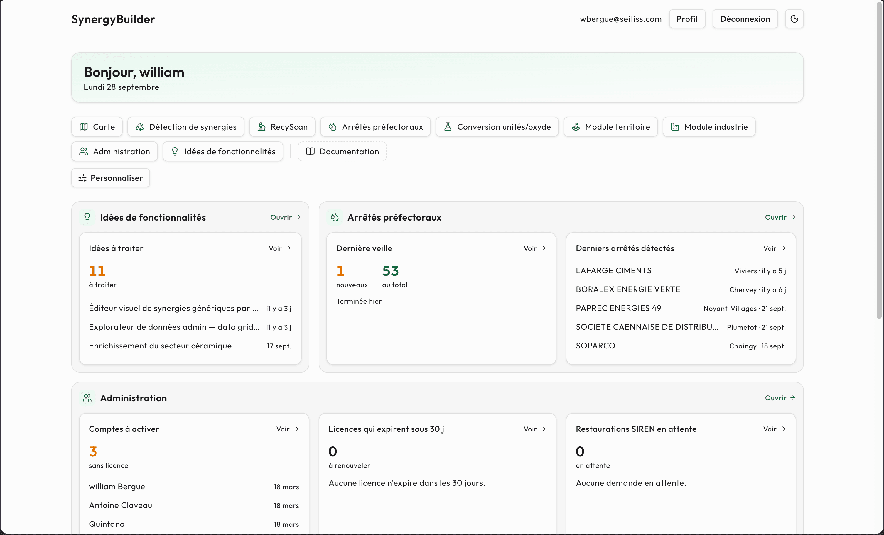 Tableau de bord après connexion : raccourcis des modules, bouton Personnaliser et sections de widgets.