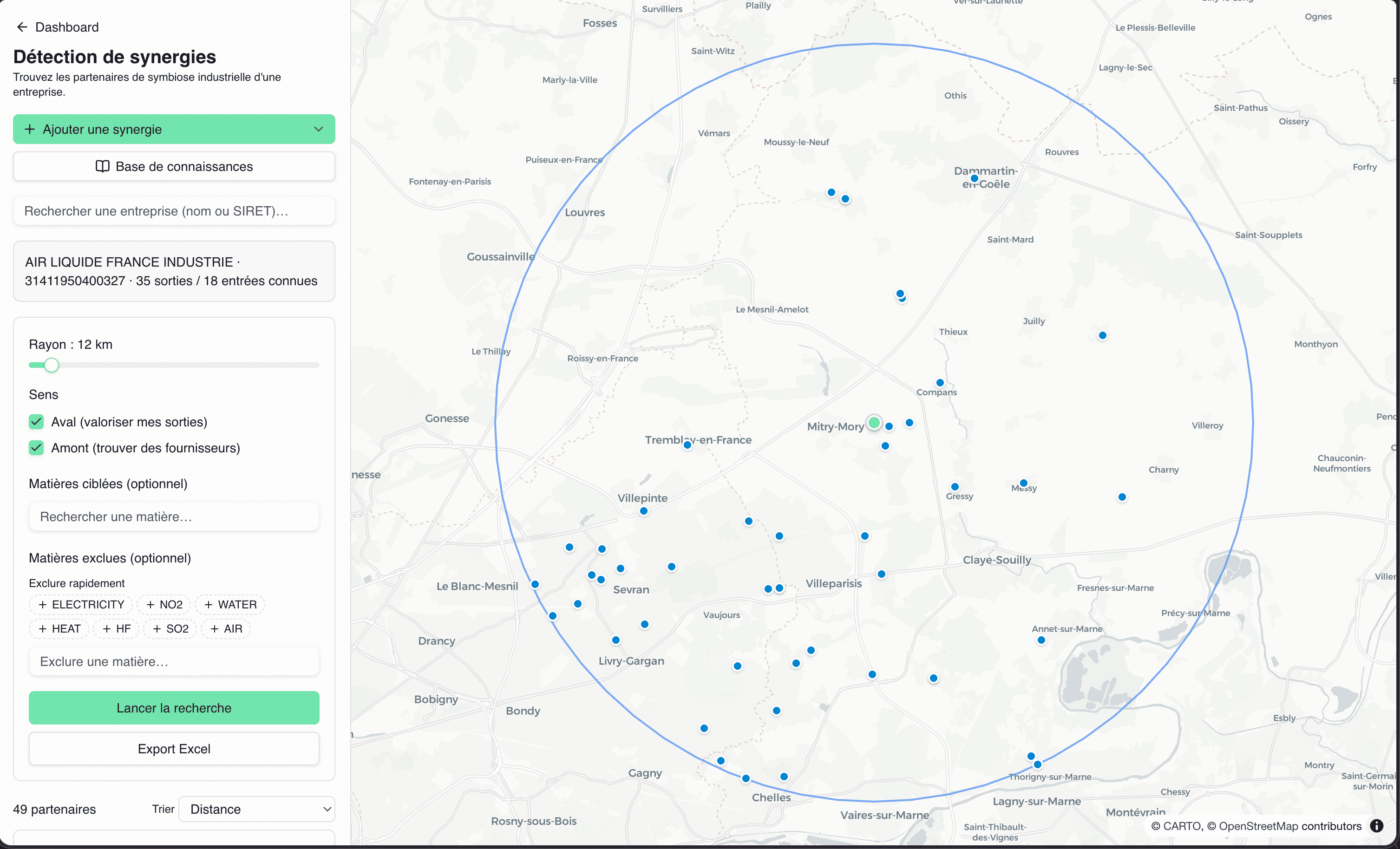 Détection de synergies : site source, rayon, et partenaires autour sur la carte.