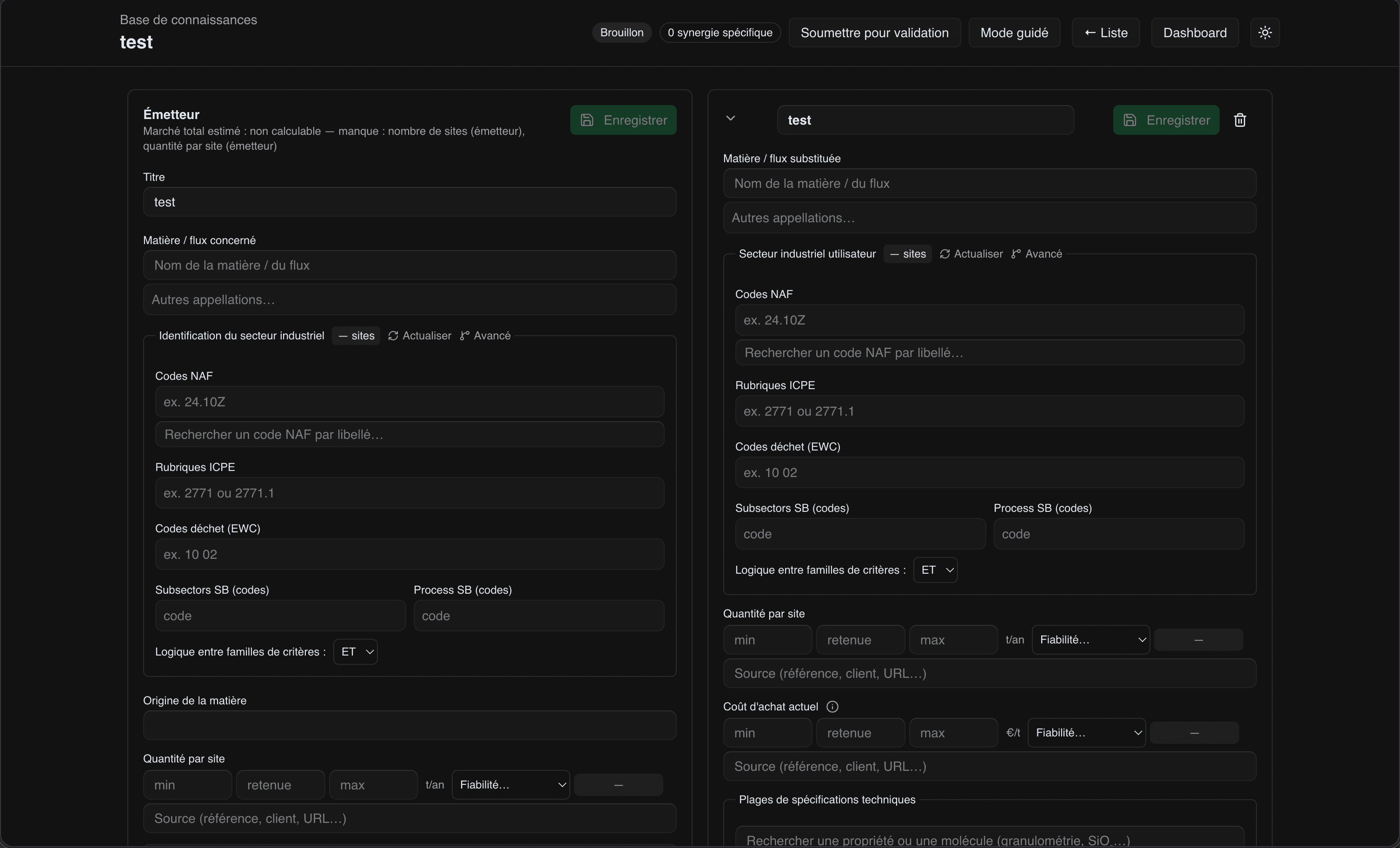Tableau de bord d’une synergie générique : émetteur à gauche, applications de valorisation à droite.