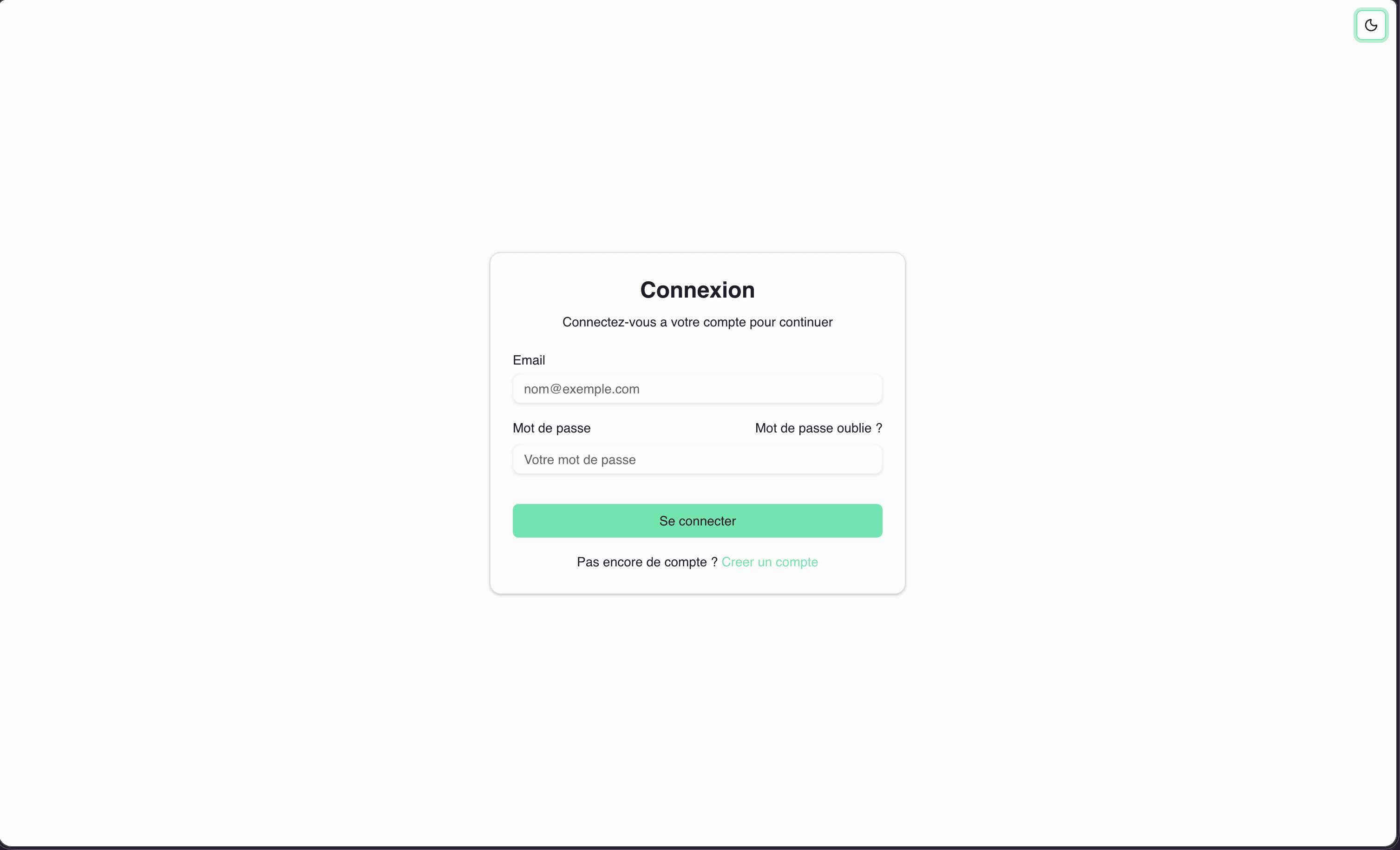 Écran de connexion, formulaire vide, thème clair.