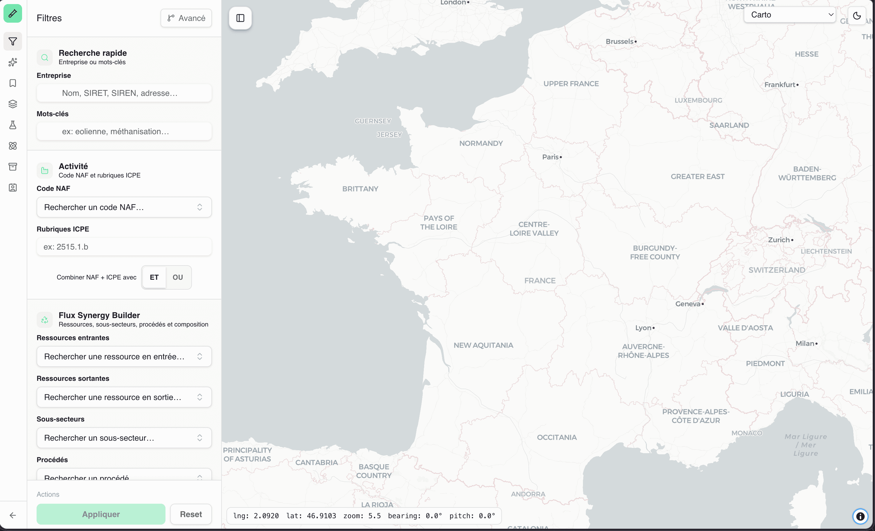 La carte de France, panneau Filtres ouvert à gauche.