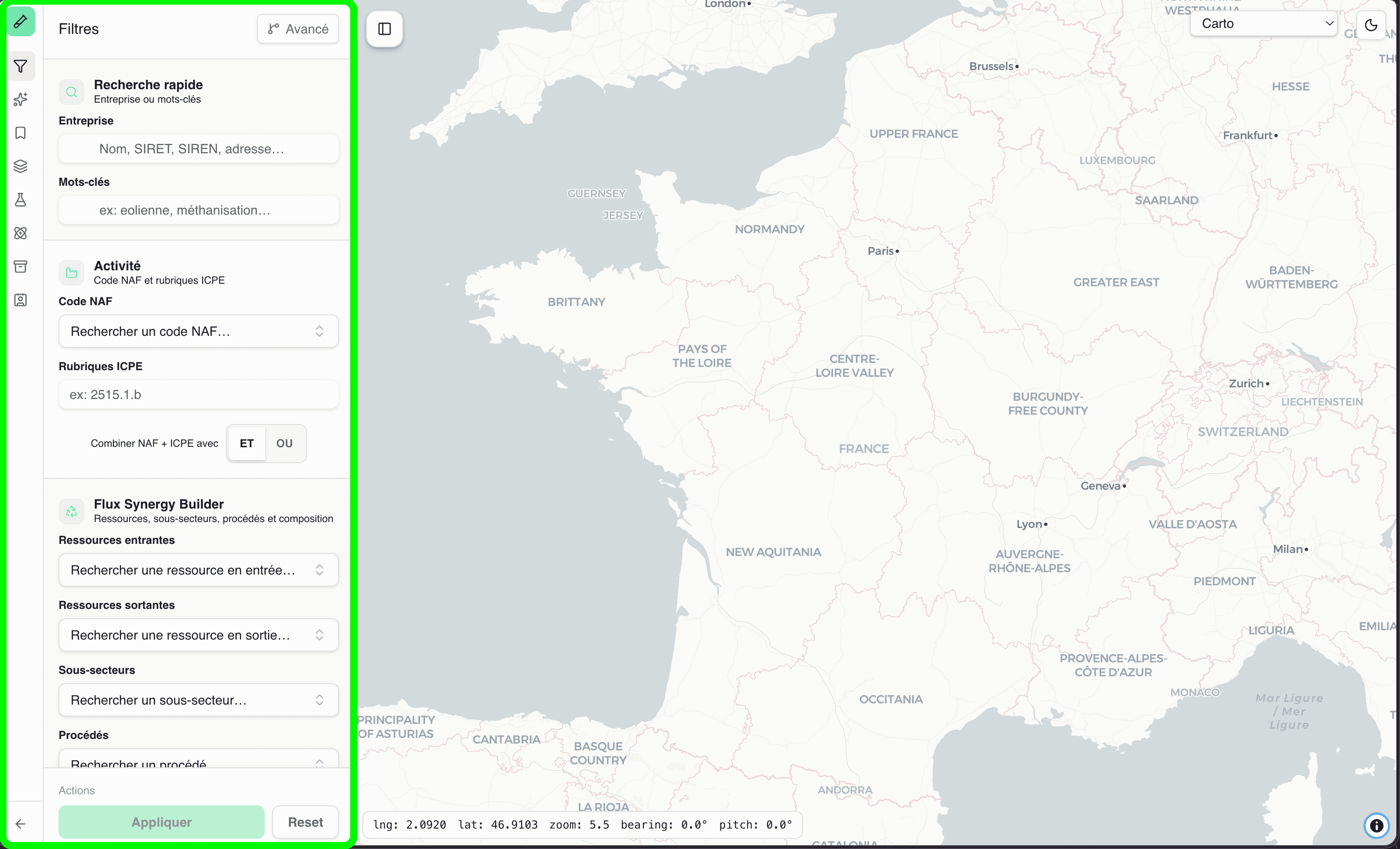 Panneau Filtres : recherche rapide, activité, flux SB et boutons Appliquer / Reset.